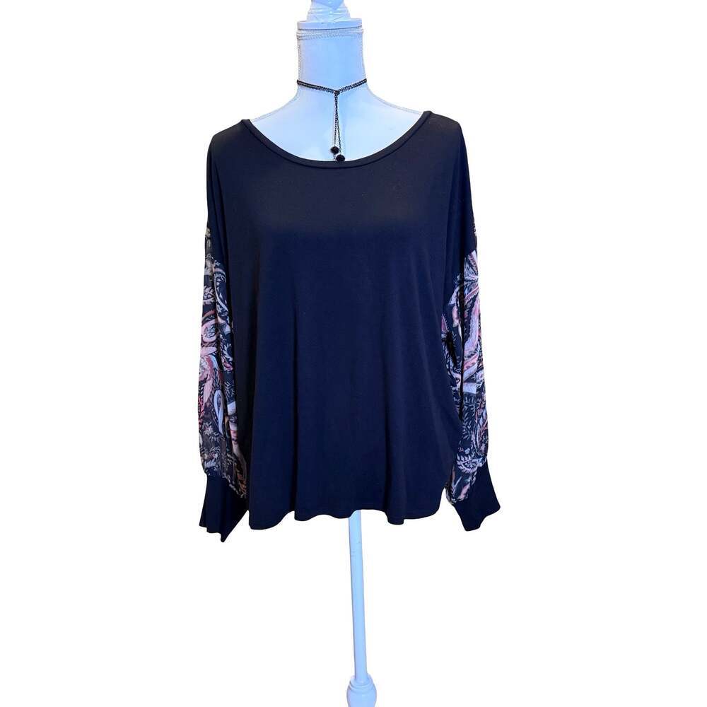 Chico's Black Long Sleeve Knit Top with Paisley Pattern Woven Sleeves
